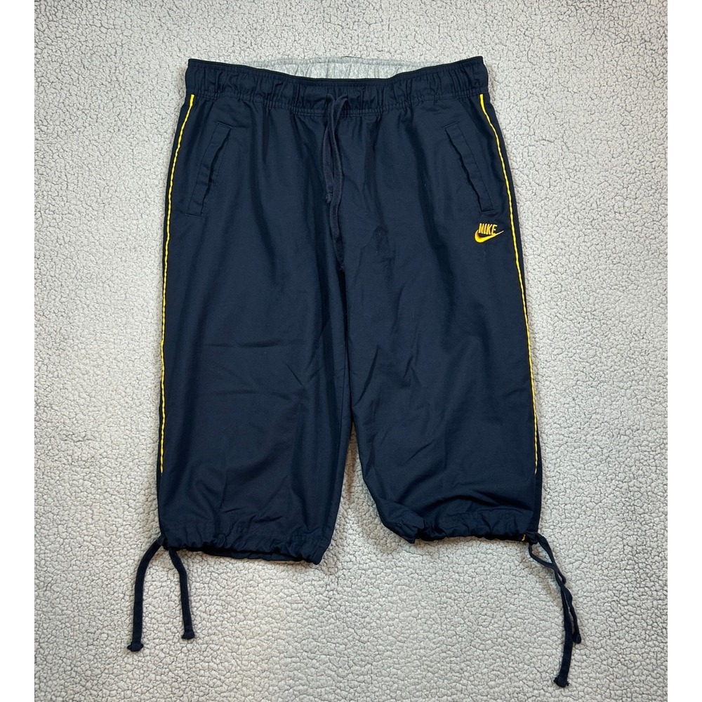 Vtg Nike Cropped Capri Pants Yellow Logo Stripes Womens Size XL Black